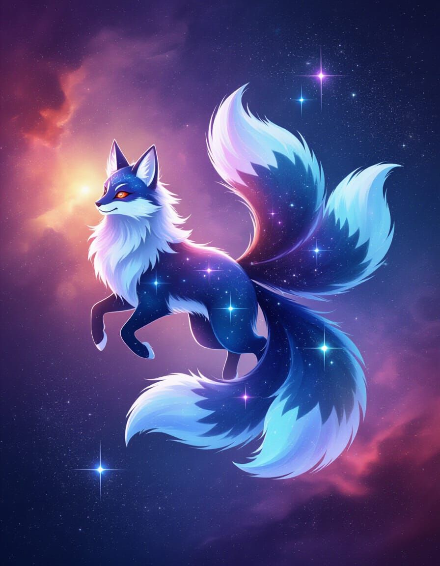 Cosmic Kitsune Adorned with Constellations