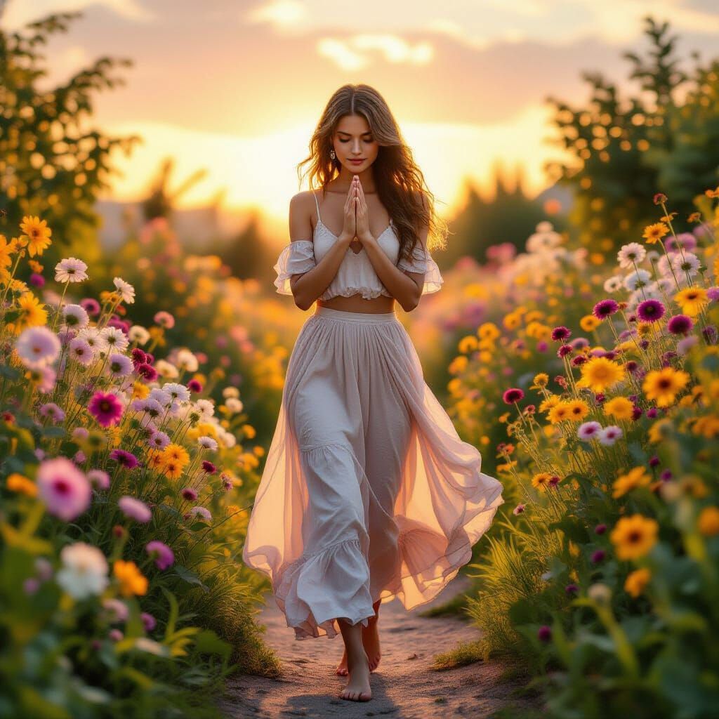 Barefoot Girl Praying in Sunset Garden