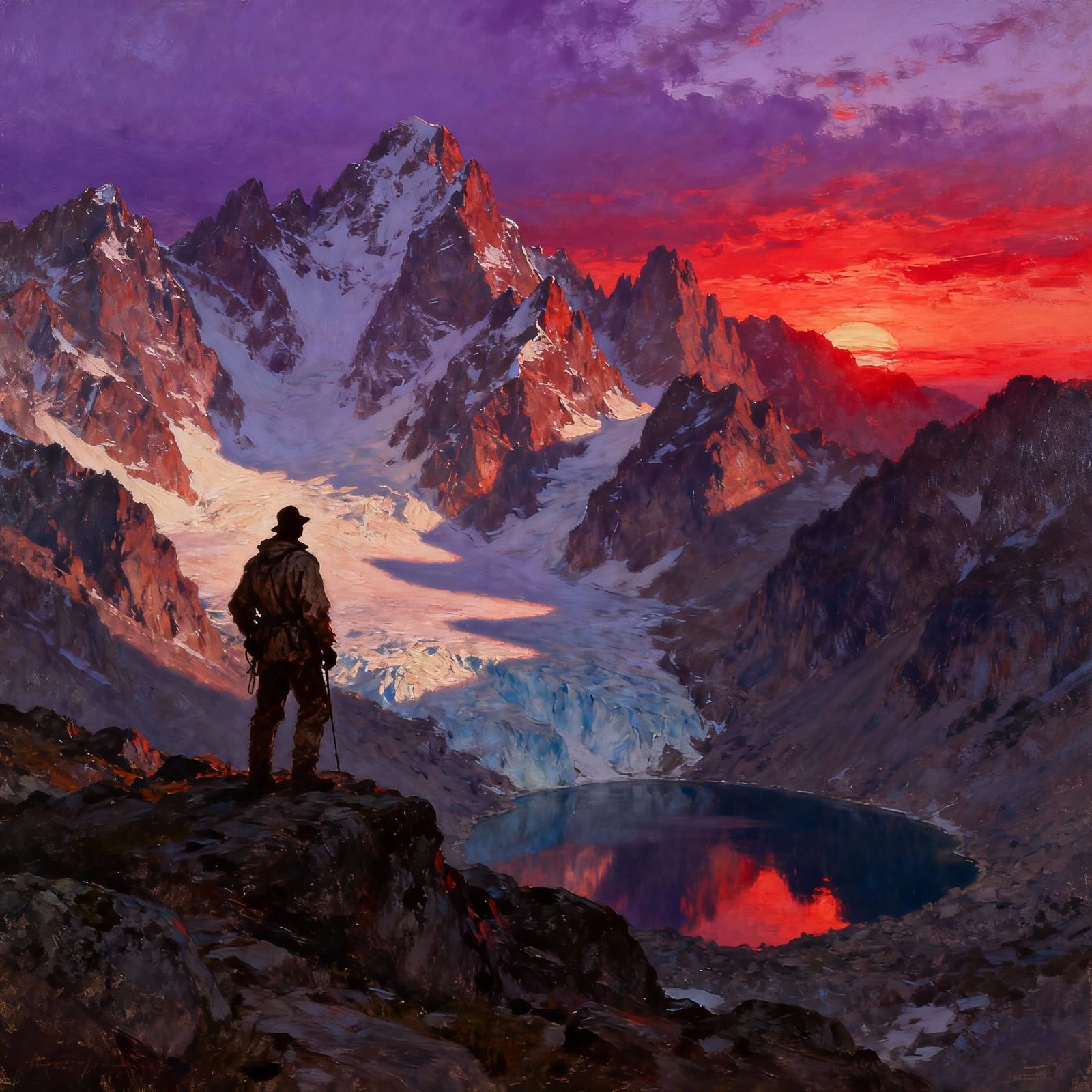 Mountaineer Silhouetted Against Fiery Sunset Over Snowy Peak...