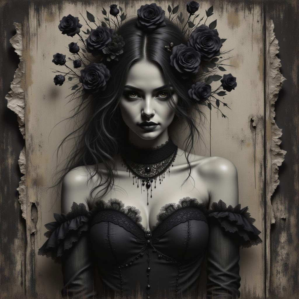 Gothic Woman with Roses in Charcoal Style