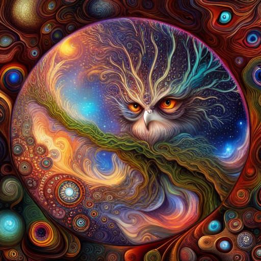 Fractal-Eyed Phoenix and Owls in Blossom Garden