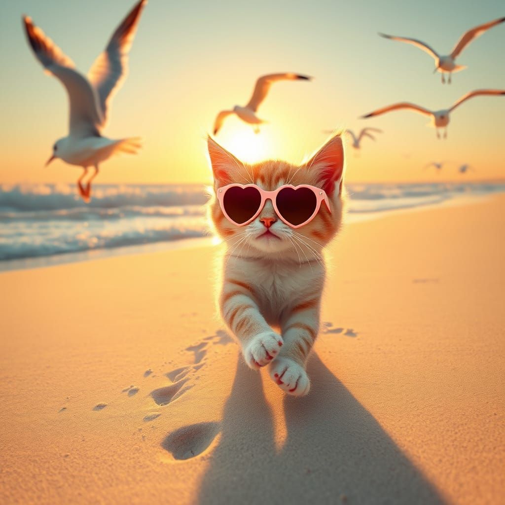 Ragdoll Kitten in Heart-Shaped Sunglasses Chases Seagulls on...
