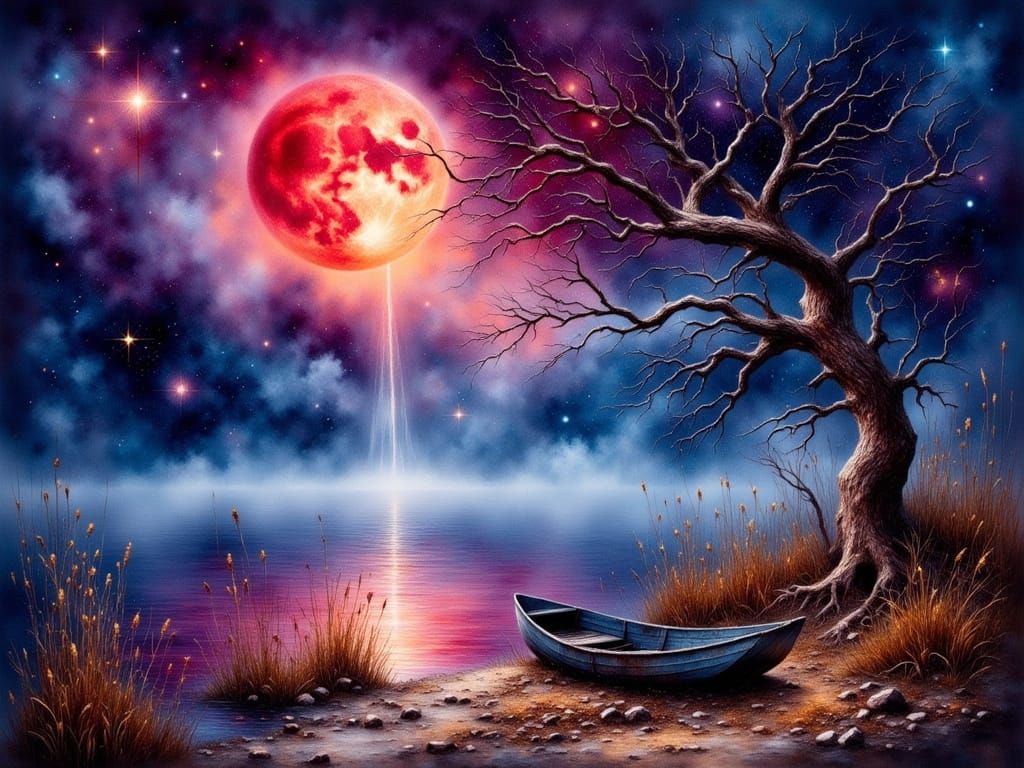 Blood Moon Over Desolate Lake, Antique Watercolor Painting