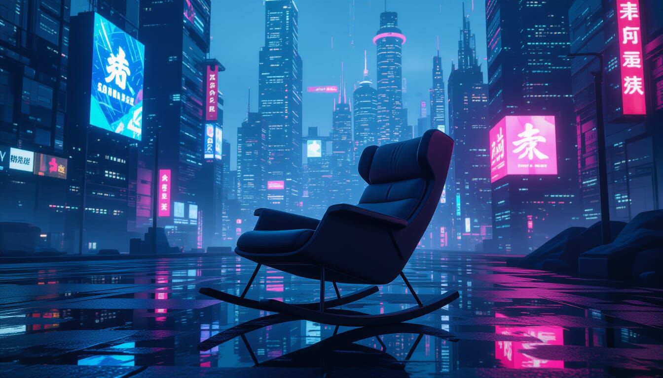 Futuristic Rocking Chair in Cyberpunk Cityscape