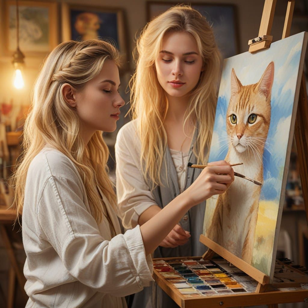 Whimsical Woman Paints Cat in Cozy Studio