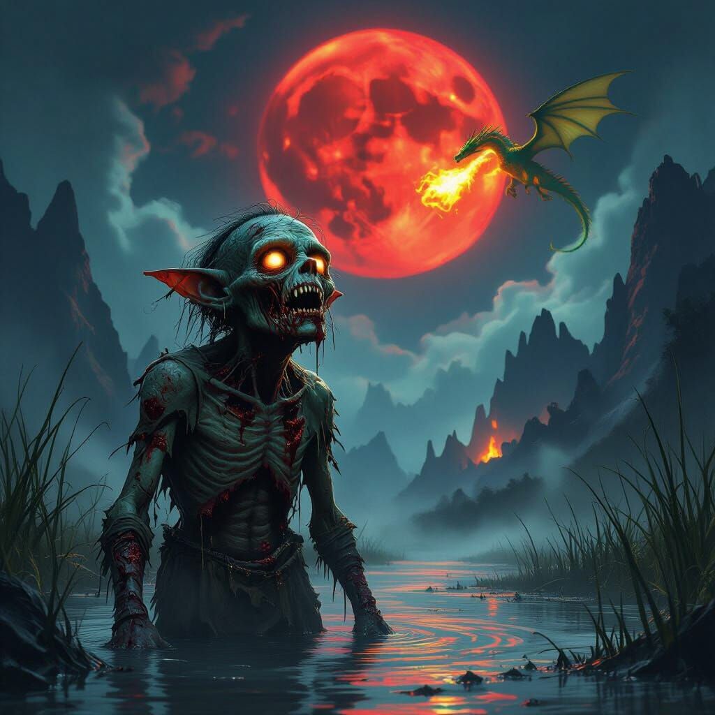 Zombie Goblin Under Blood Moon With Dragon