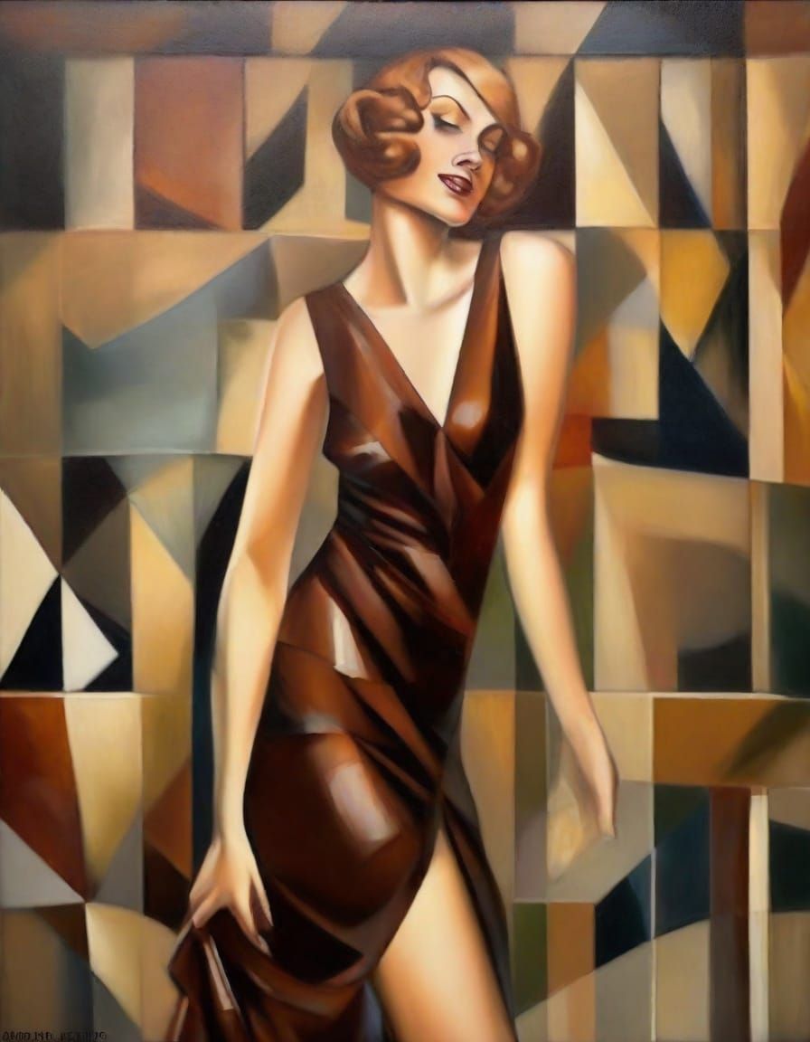 Art Deco Flapper Dances in Jazz Club, Oil on Canvas