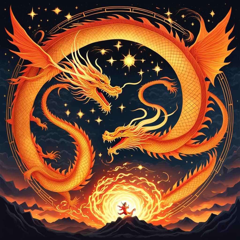 Phoenix and Dragon Training in Fire, Surreal Oil Painting