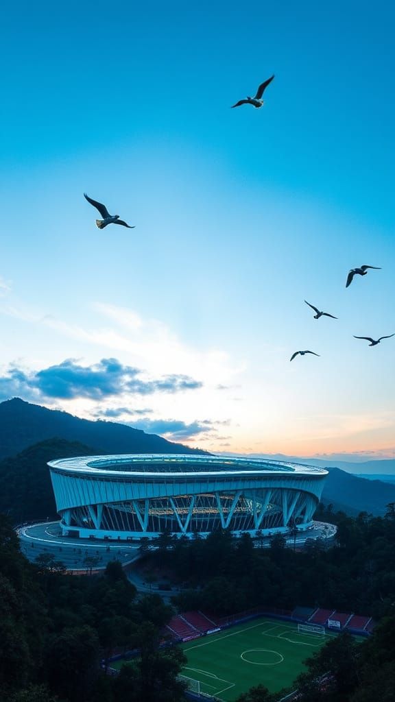 Futuristic Football Stadium on a Cliffside Hill