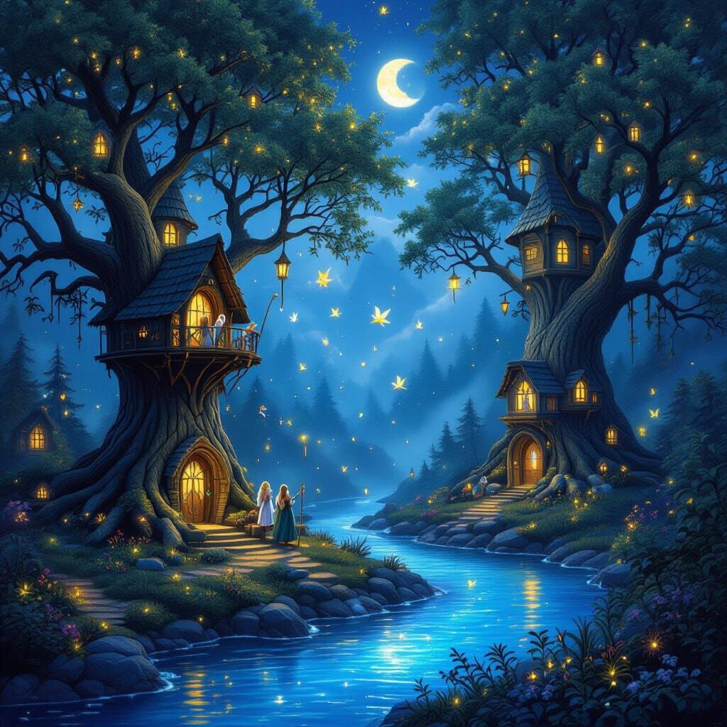 Ethereal Fantasy Night Landscape with Elves and Fairies
