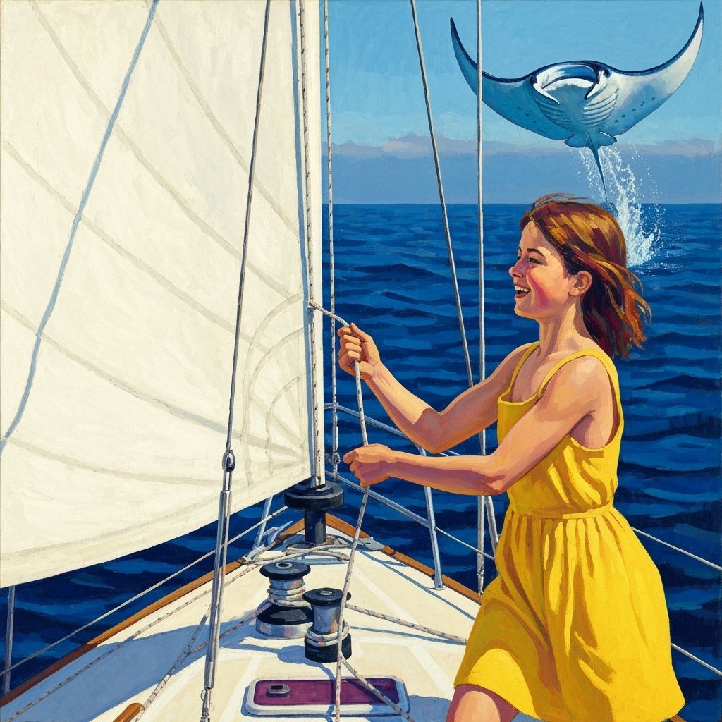 Girl on Sailboat with Manta Ray, in Expressionist Style