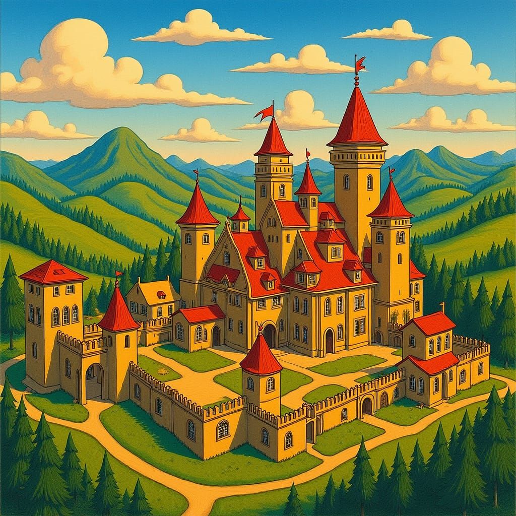 Aerial Castle View in Classic Cartoon Renaissance Style