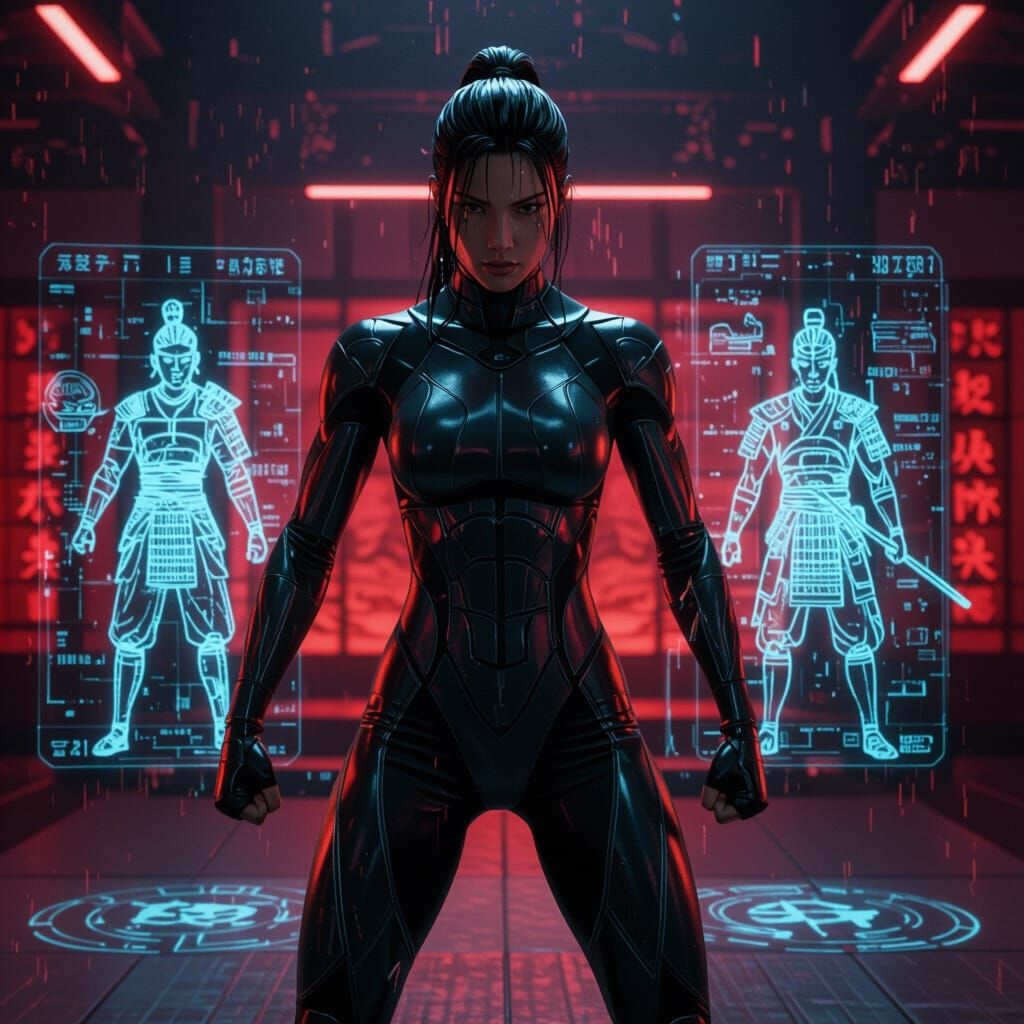 Futuristic Woman Trains in High-Tech Dojo