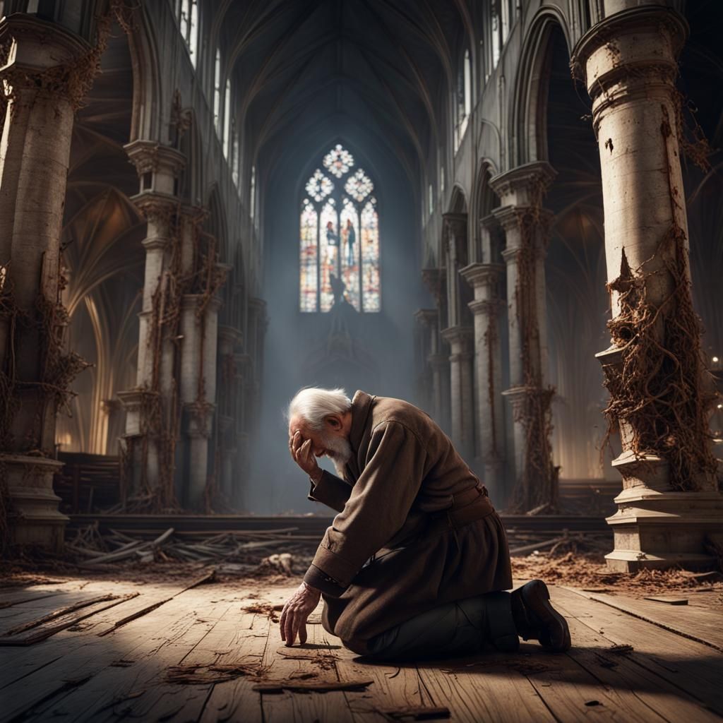 Old Man Cries at Cross in Cathedral: Matte Painting