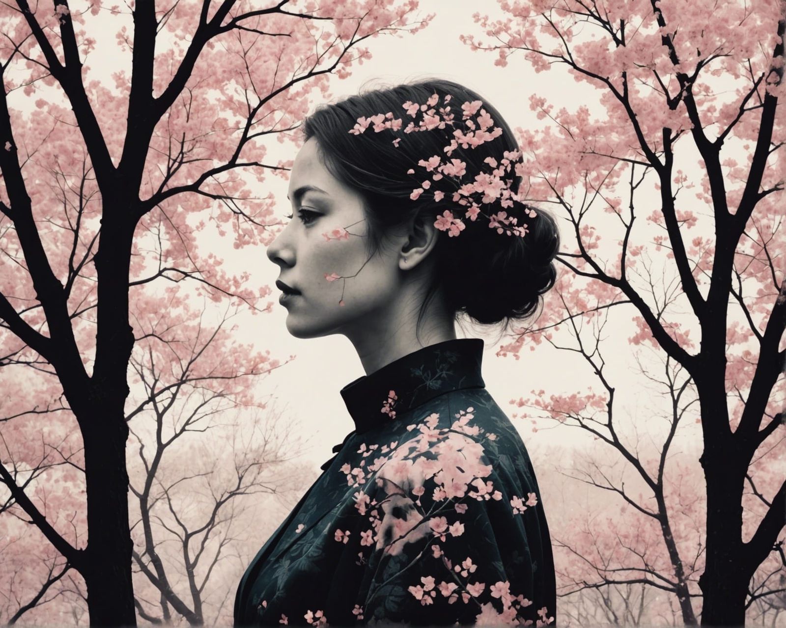 Double Exposure Portrait with Sakura Trees