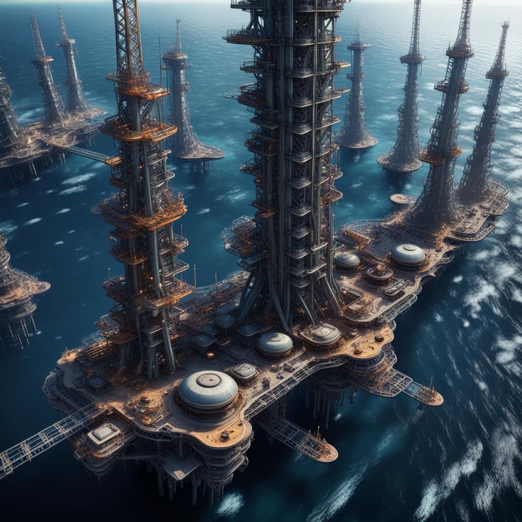 Futuristic Oil Rigs on Alien Ocean: Orbital View