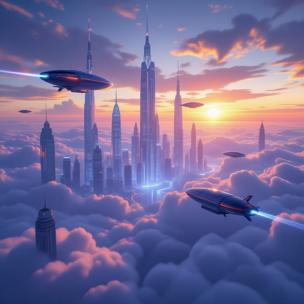 Futuristic Cityscape Above Clouds at Sunrise