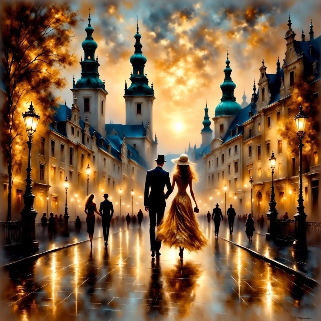 <lora:Impressionist:1.0> A romantic impressionist oil painting depicts an evening street scene in an old European city, ...