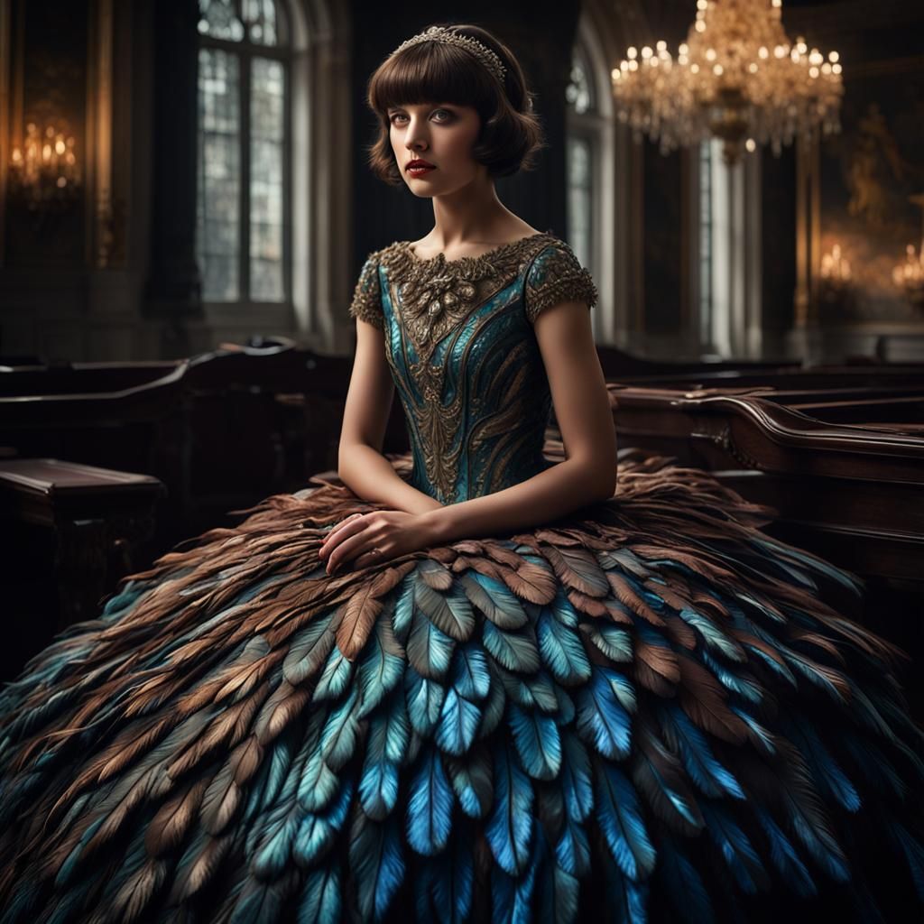 Iridescent Feather Ballgown: Hyperrealistic Portrait