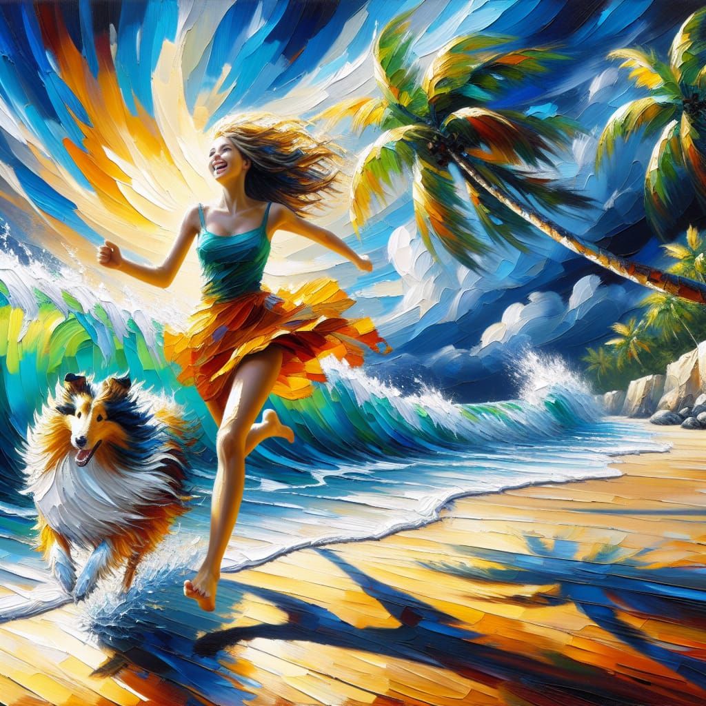 Girl and Dog on Beach as Impasto Painting