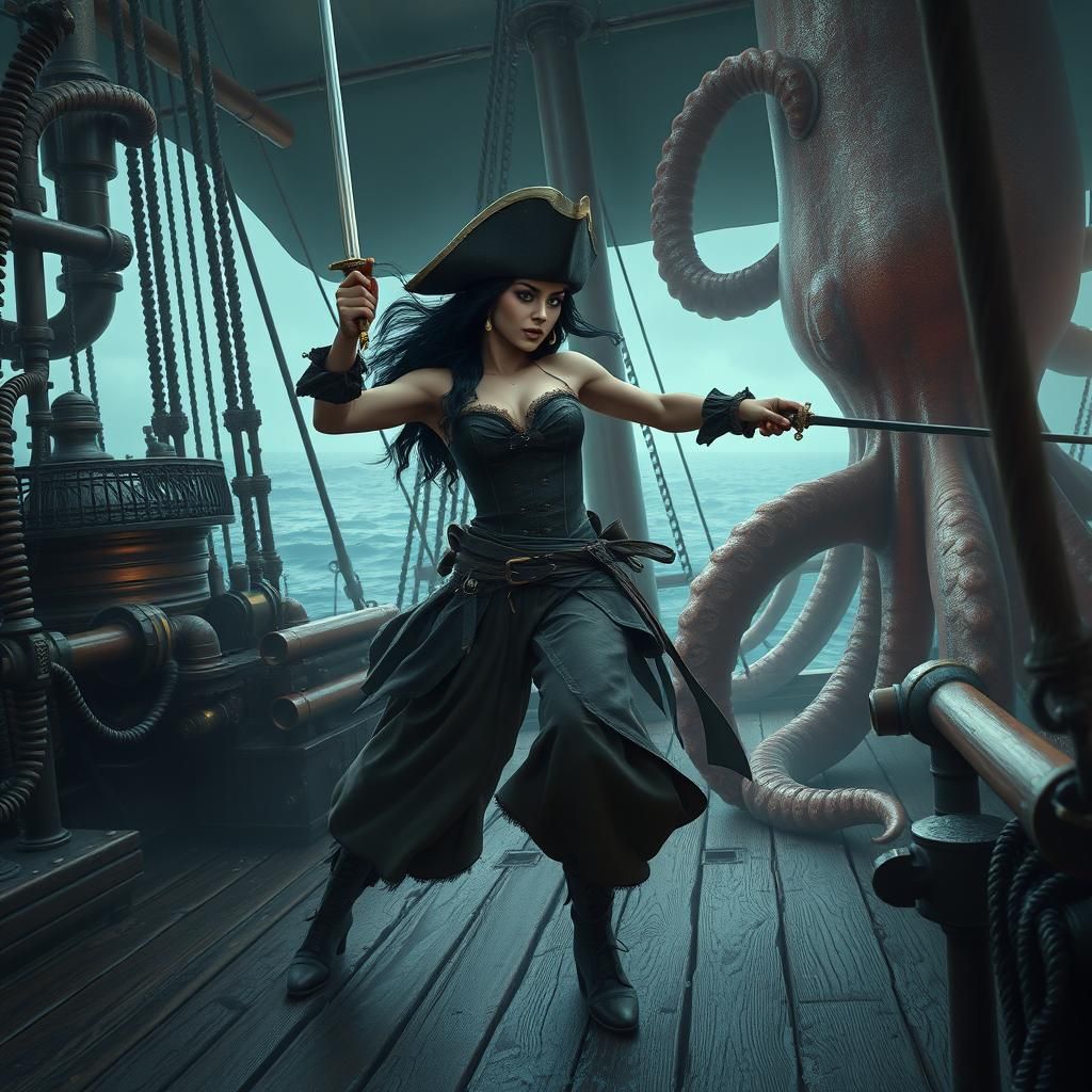 Puerto Rican female sea pirate fencing squid monster on pira...