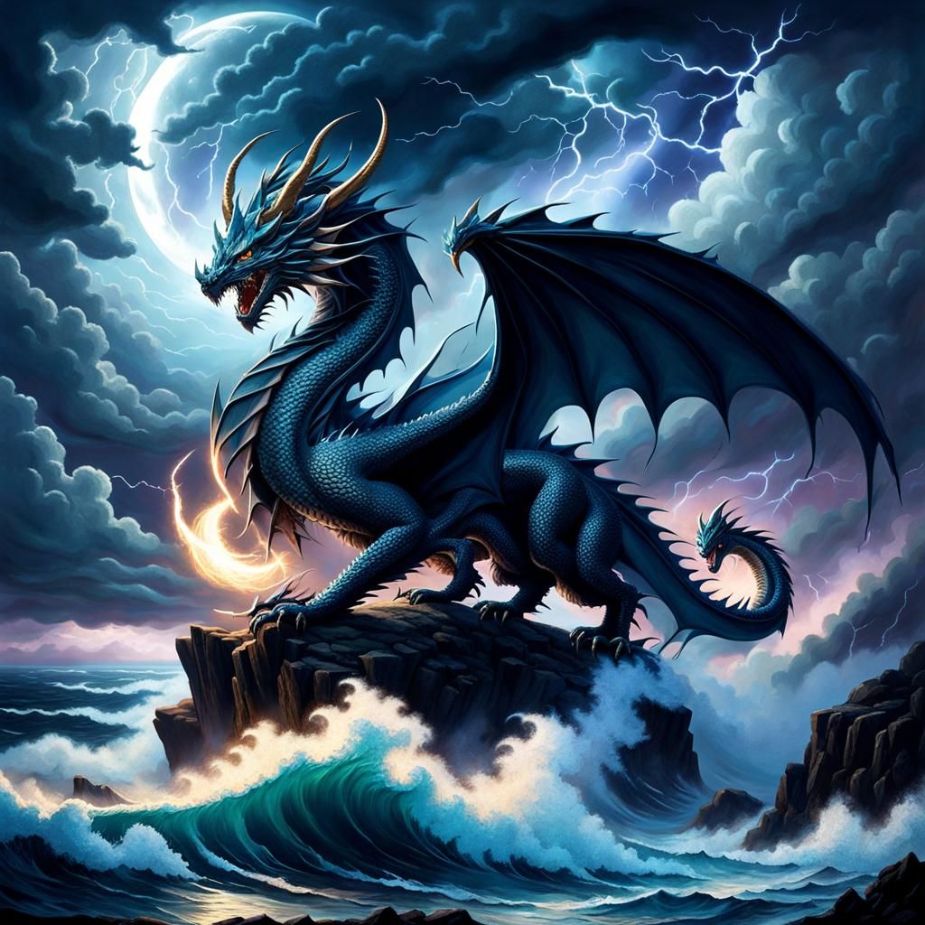 Dragon Overlooking Moonlit Stormy Sea