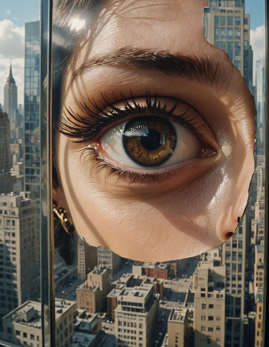 Colossal Eye Peers through City Skyscraper Window in Surreal...