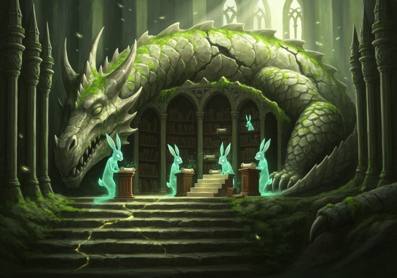 Fantasy Library Inside Stone Dragon with Spectral Rabbits