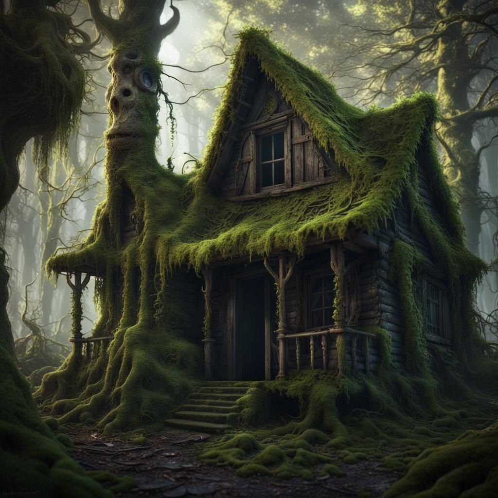 Creepy Cabin in Mossy Woods: Detailed Matte Painting
