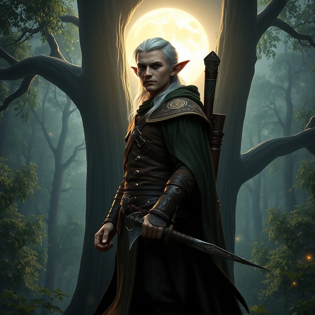 Silver-Haired Elf Silhouetted Against Ancient Tree