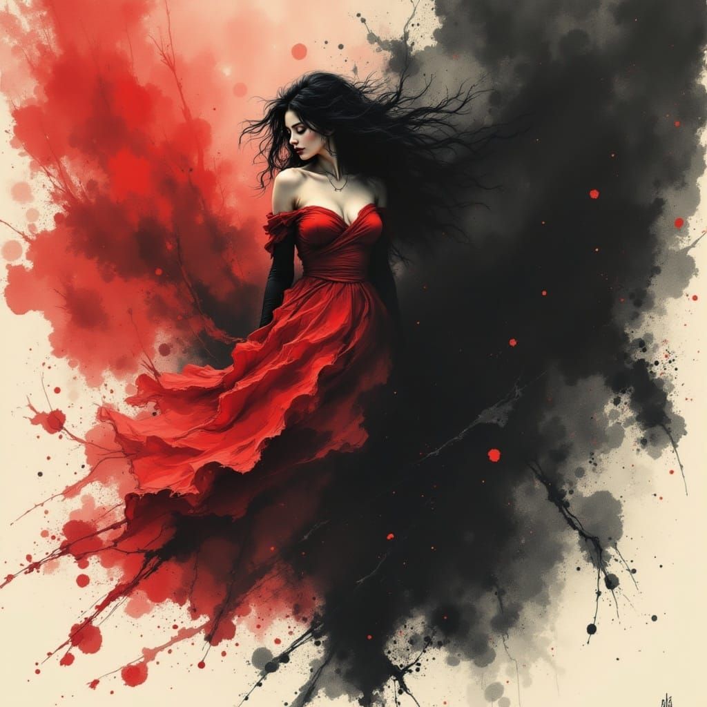 Surreal Woman Walks Unfazed Through Dark Swirling Shadows in...