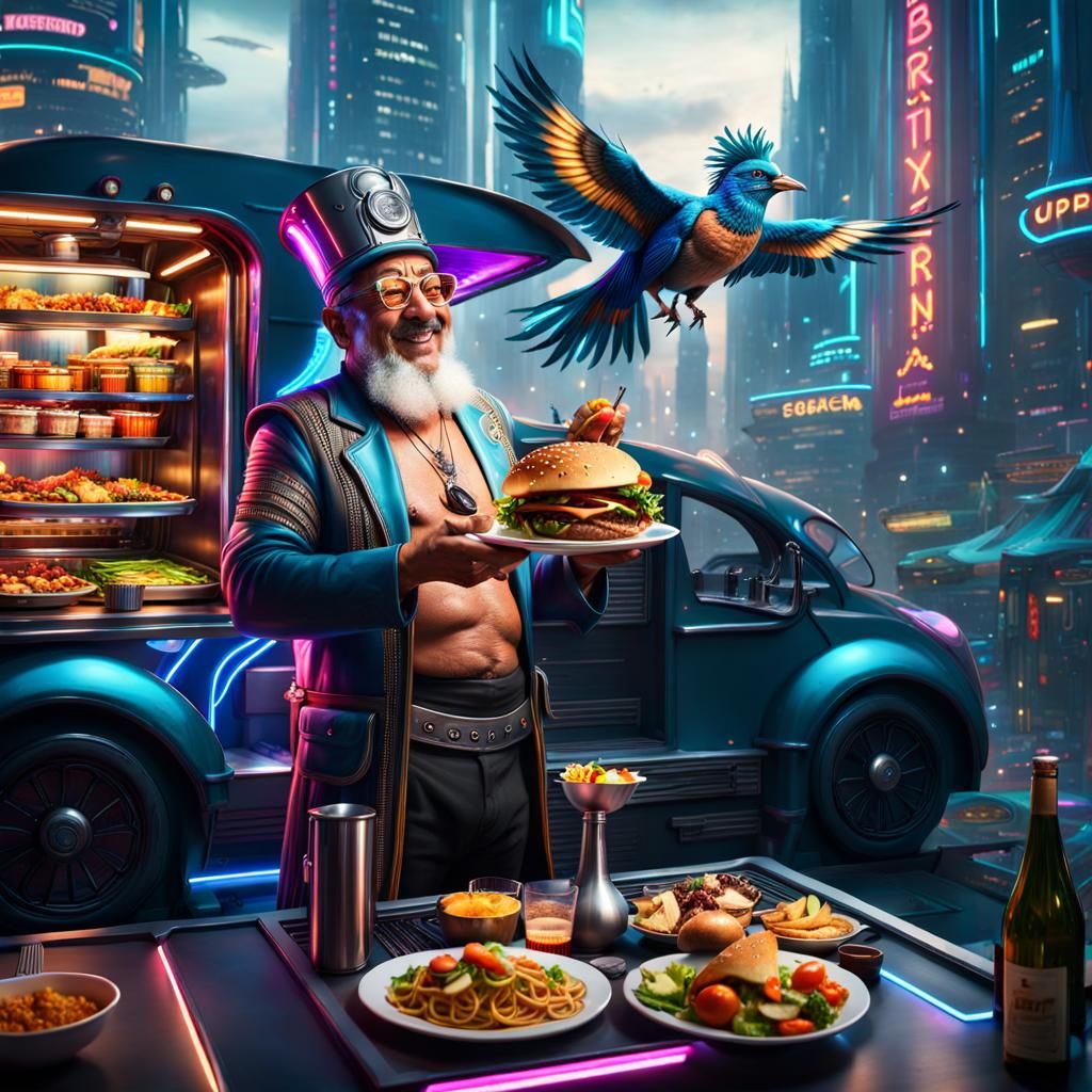 Cyberpunk Grandpa Cook's Bird Spaceship Food Truck