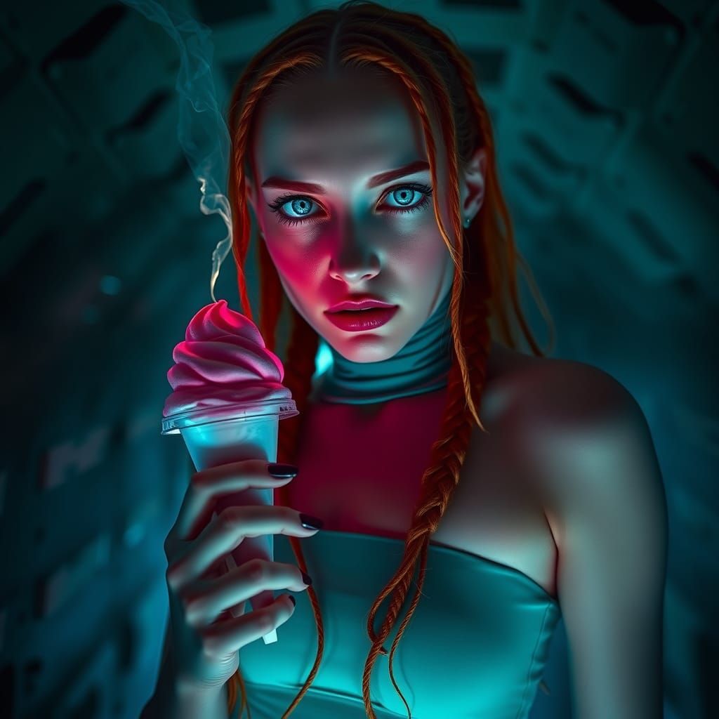 Woman with Braids in Dark Cellar, Hyperrealistic Digital Art