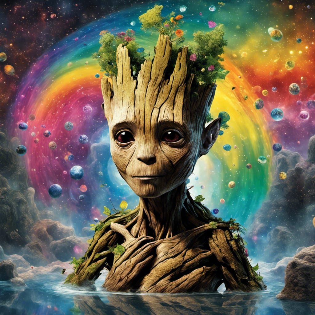 Groot in Rainbow Wonderland: Nebula Icy Landscape