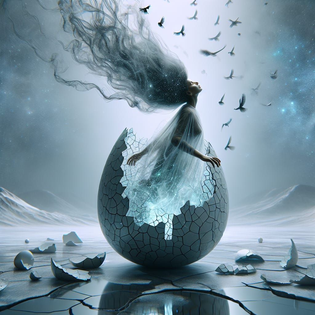 Dreamlike Woman Emerges from Glass Cocoon