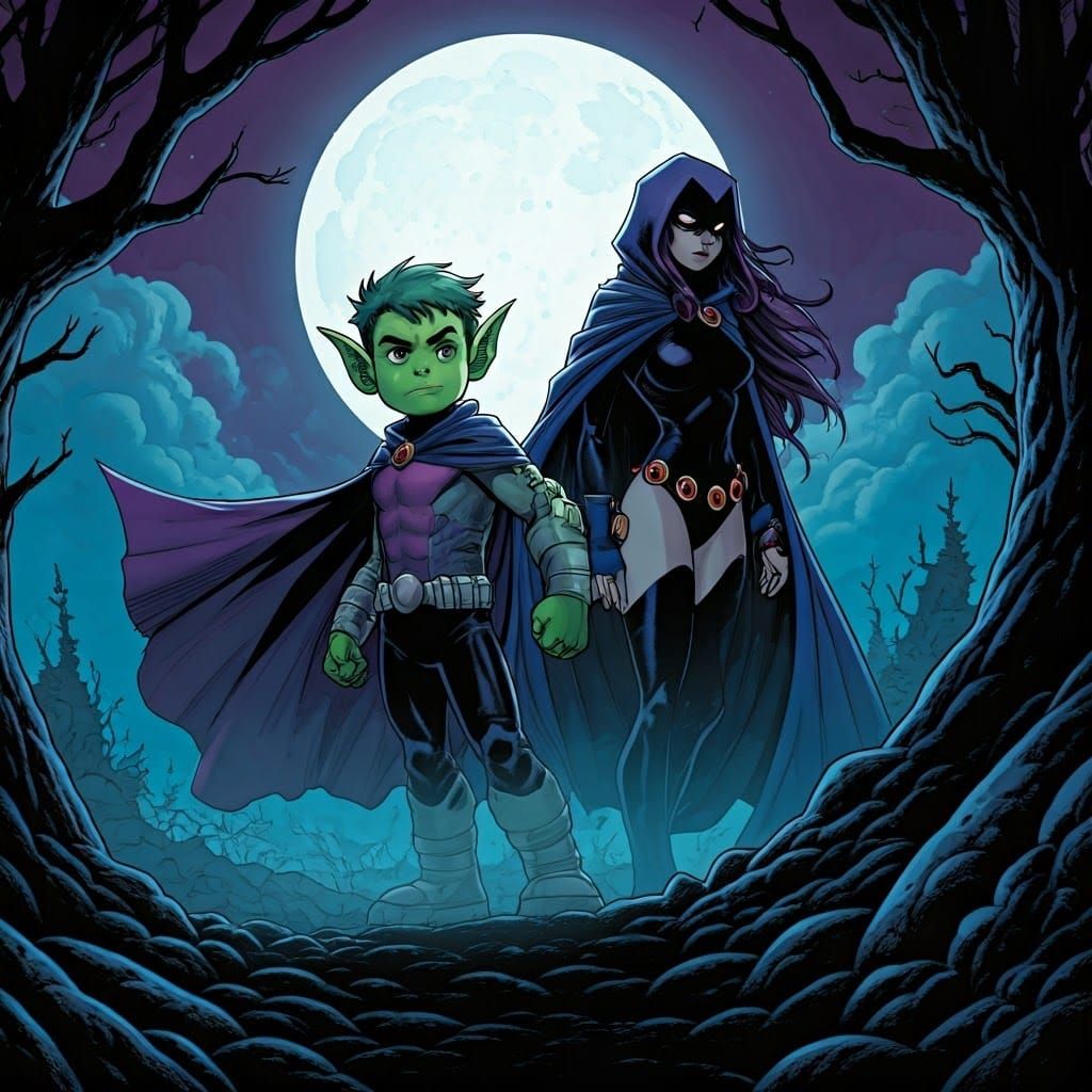 Beast Boy and Raven in Comic Book Style