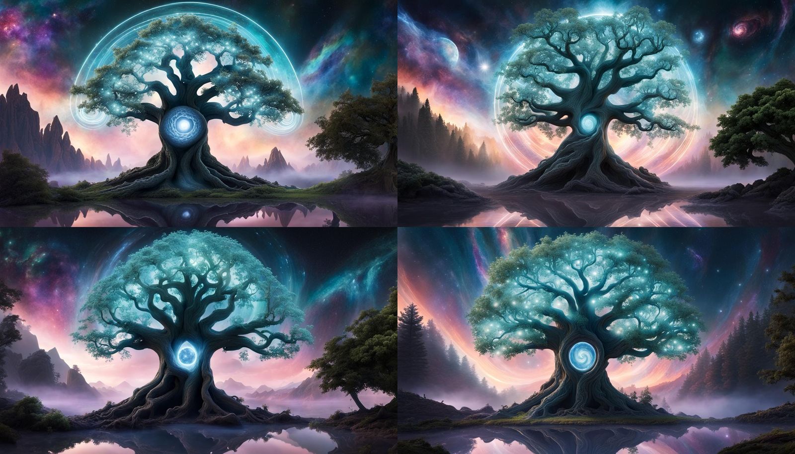 Phosphorescent Yggdrasil with Delicate Leaves and Cosmic Bac...