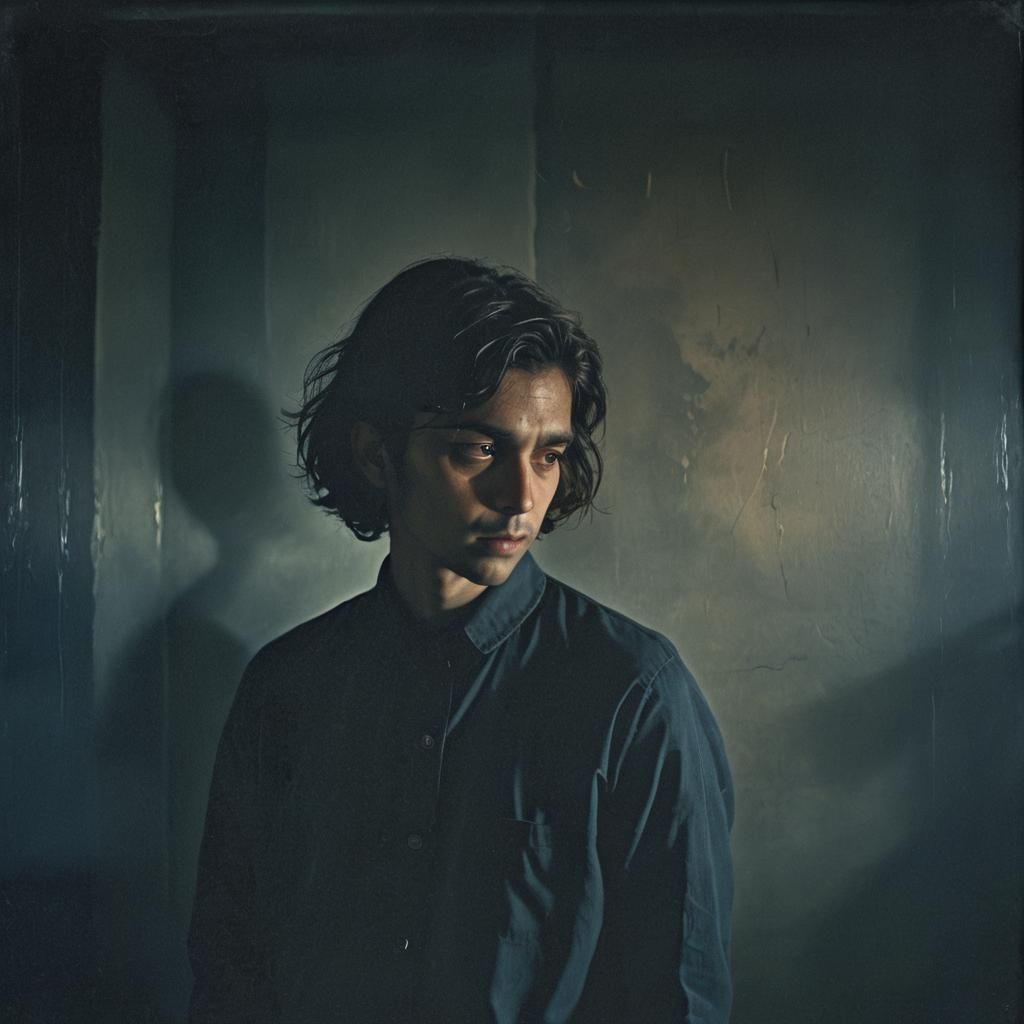 Eerie Listening Scene in Dark Surrealism Style