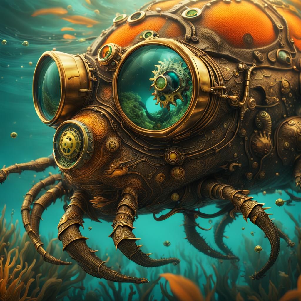 Steampunk Creature Rises from Lagoon: Detailed Fantasy Art