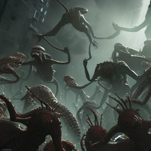 Sci-Fi Reptile Alien Battles Zombie Horde