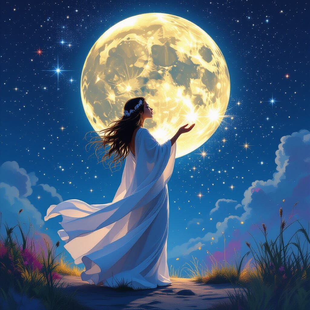 Moon Goddess Sprinkling Stars in Street Art Style