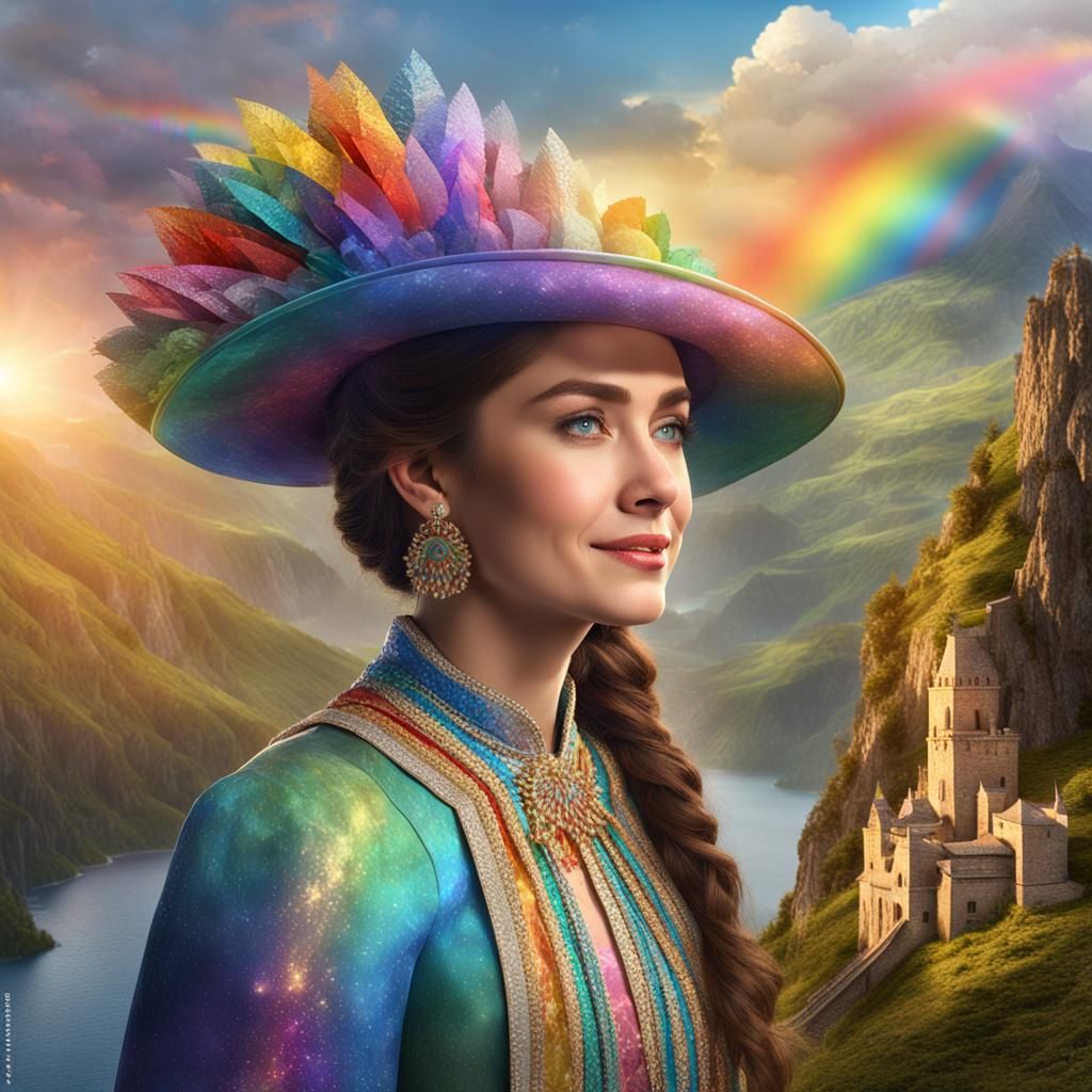 Mountain Castle with Rainbow and Elegant Woman