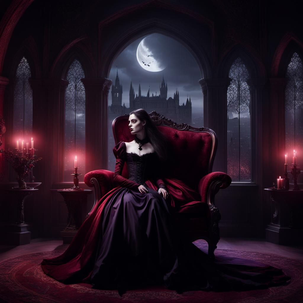 Vampires in Gothic Castle Bedroom at Midnight