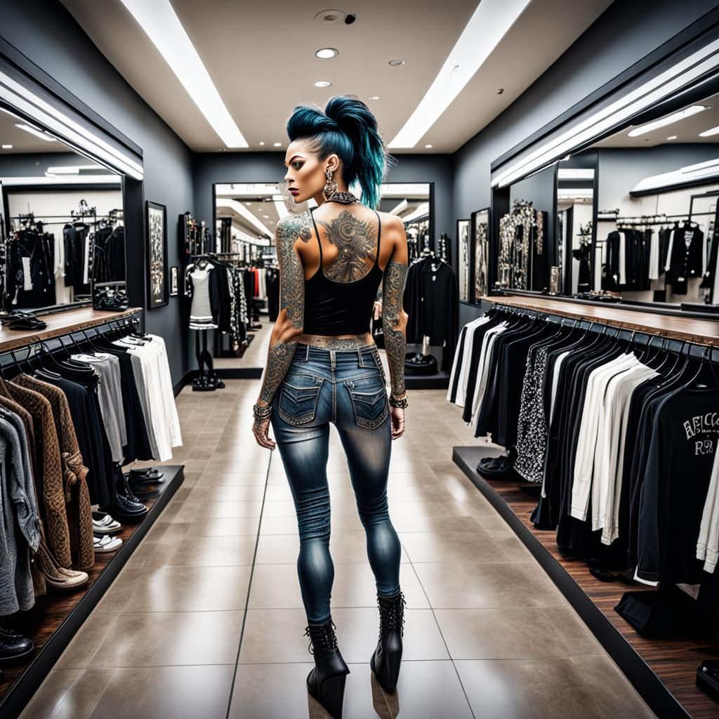 Rocker Chic Woman in Mall Dressing Room