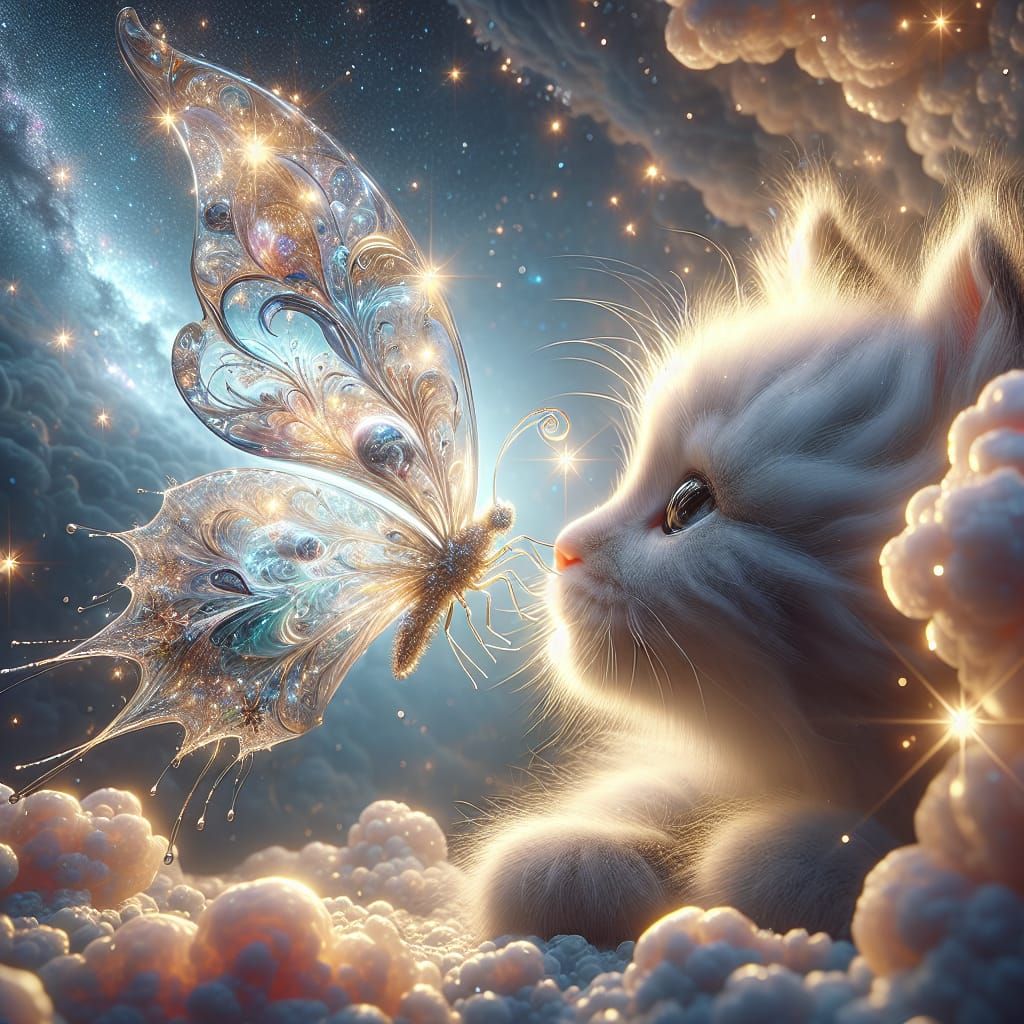 Cosmic Butterfly on Kitten's Nose in Pastel Colors