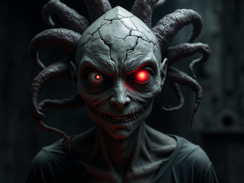 Cracked Egg-Head Demon with Nautilus Tendrils and Red Eyes