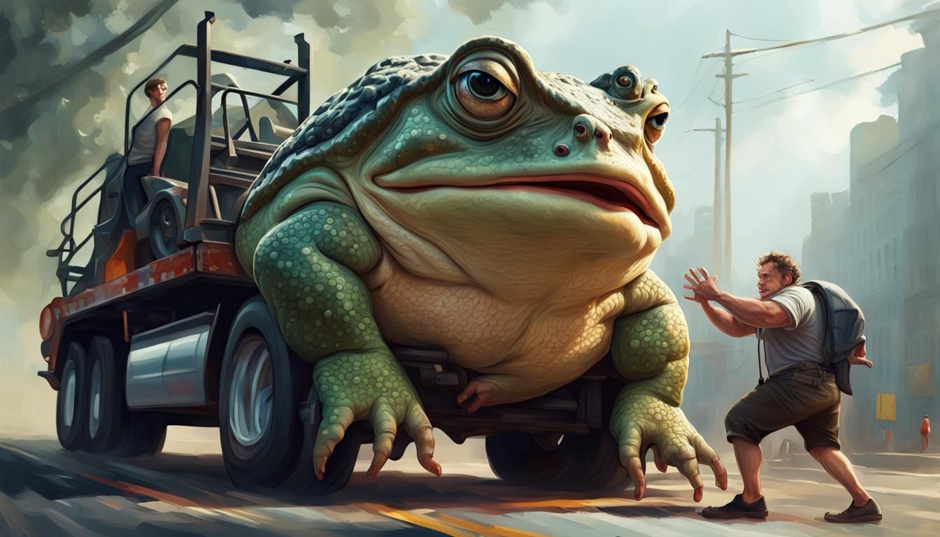 Giant Toad on Tow Truck: Hyperrealistic Splash Art