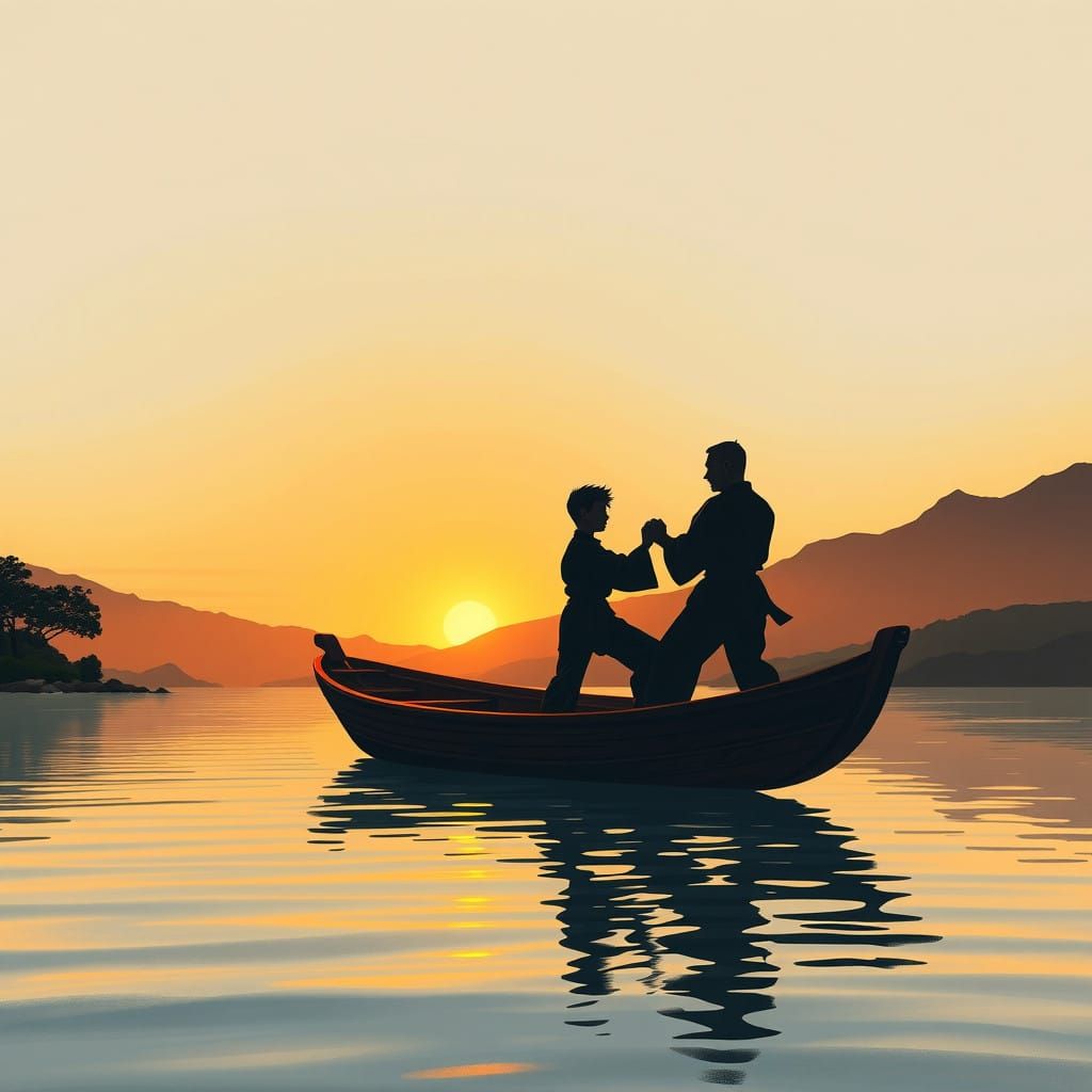 Karate Masters Dance with Fading Light on Serene Lake