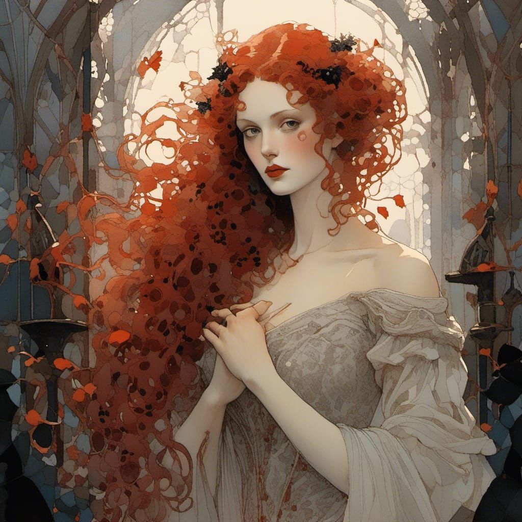 Pale Red-Haired Vampiress in Dark Fairy Tale Gown
