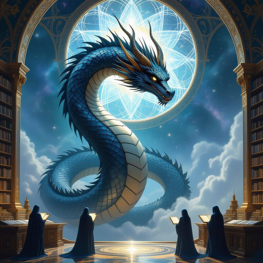 Cosmic Dragon Guarding Crystalline Library in Baroque Style